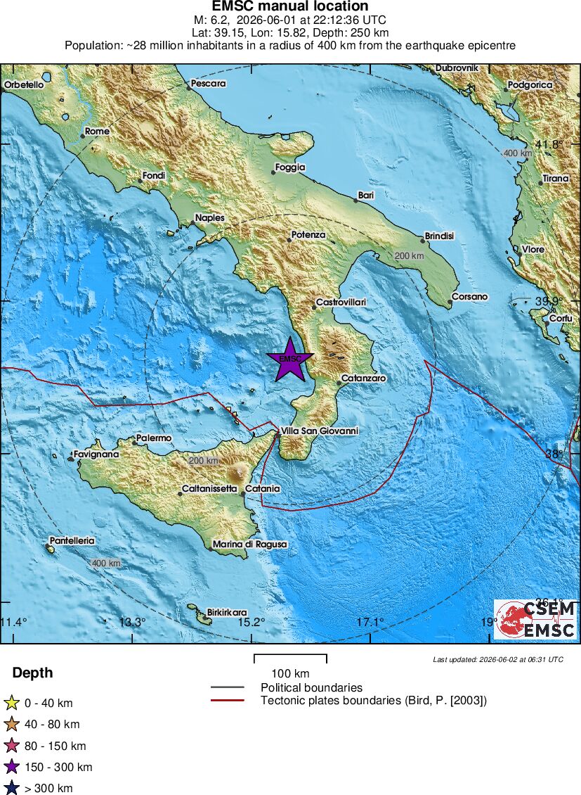 EMSC Bölgesel Sismik Harita — 2026 Güney İtalya Mw 6.2